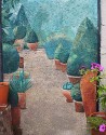 Close up of an outdoor mural: a painted pathway lined with a variety of terracotta pots containing evergreen plants. In the foreground two real pots and blossoms of late brightpink geranium