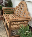 side view of the pale teak Lutyens style bench against a white wall - book ended by spikey iris leaves.