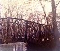 wooden bridge, the sides made of natural branches, stretching over foreground water, with a duck, against a winter backdrop of bare trees. A very brown/black and white image.