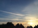 sunrise white-gold in a blue sky with fine steaks of cloud and plane trails behind the dark green treetops