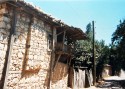 looking down a sunny Turkish Lane, a wood and stone house on the left has a dog peering out over the wooden balcony.